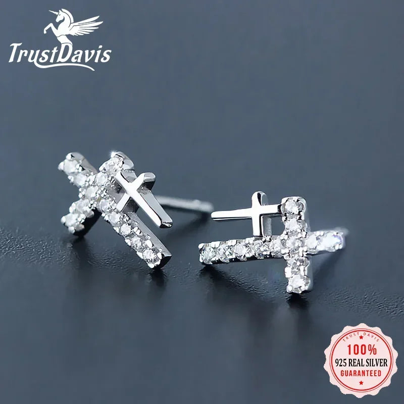 925 Sterling Silver Fahion Sweet Cross Dazzling Charm Stud Earrings DS258