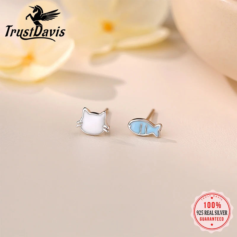 TrustDavis Real 925 Sterling Silver Fashion Sweet and Cute Cat and Fish Earrings for Women Girls Gift Fine Jewelry DS4684