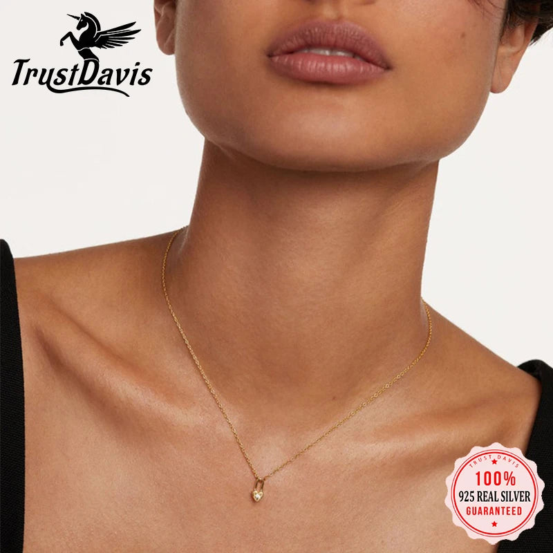 TrustDavis Real 925 Sterling Silver Women's Fashion Simple Zircon Heart Lock Necklace for Women Girls Jewelry Gift DS4457