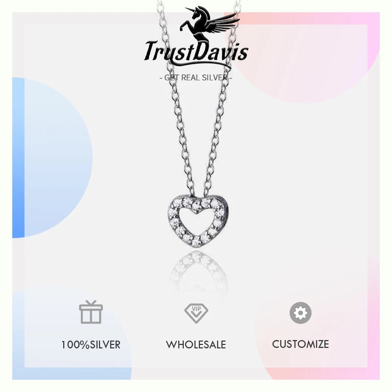 TrustDavis Real 925 Sterling Silver Fashion Simple Heart-shaped Hollow Zircon Necklacefor Women Girls Gift Fine Jewelry DS4700