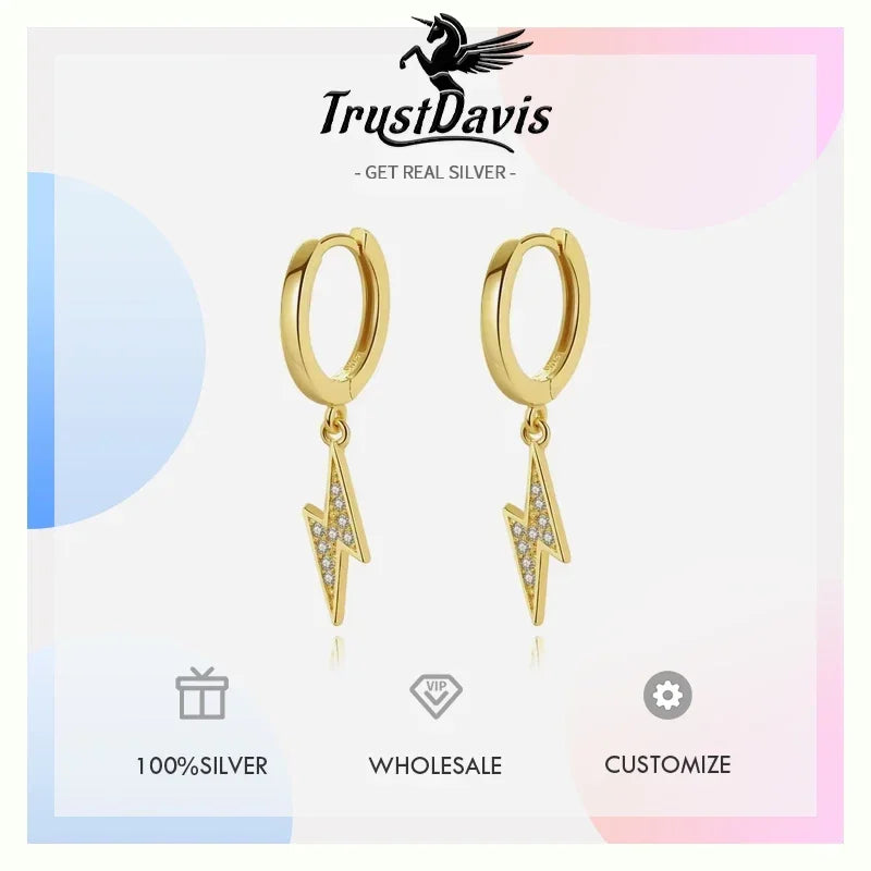 Trustdavis Minimalist 925 Sterling Silver Sweet Lightning CZ Charm Drop Earring For Women Wedding Party Jewelry Gift DA491-L