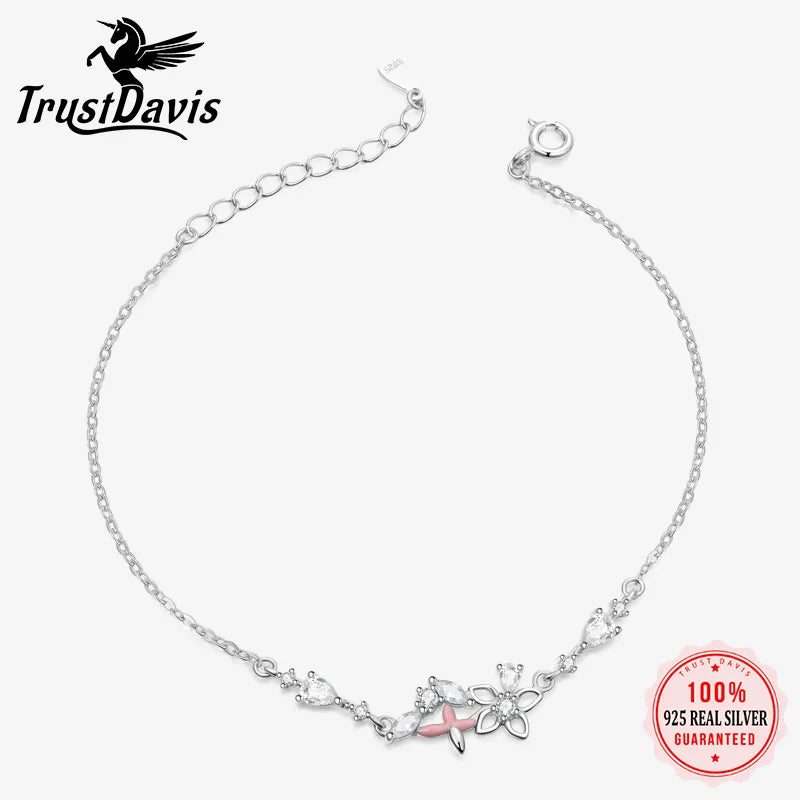 TrustDavis Flower Zircon Bracelet 925 Sterling Silver Sweet Fashion Bracelet for Women Wedding Birthday Fine S925 Jewelry DS4129