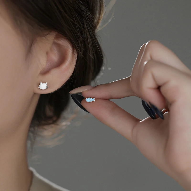 TrustDavis Real 925 Sterling Silver Fashion Sweet and Cute Cat and Fish Earrings for Women Girls Gift Fine Jewelry DS4684