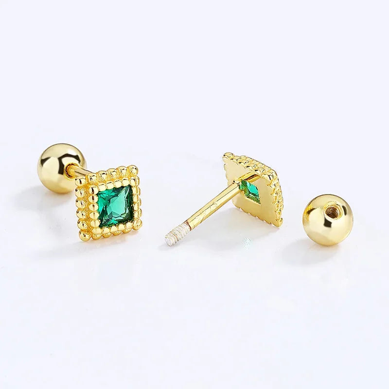 18K Gold Square Green CZ Beads Screw Earring DG0095