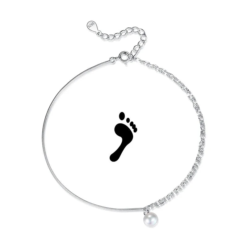 TrustDavis 925 Sterling Silver Pearl Double Layer Anklets Bracelet Bangle For Women Fashion Silver 925 Jewelry DA408