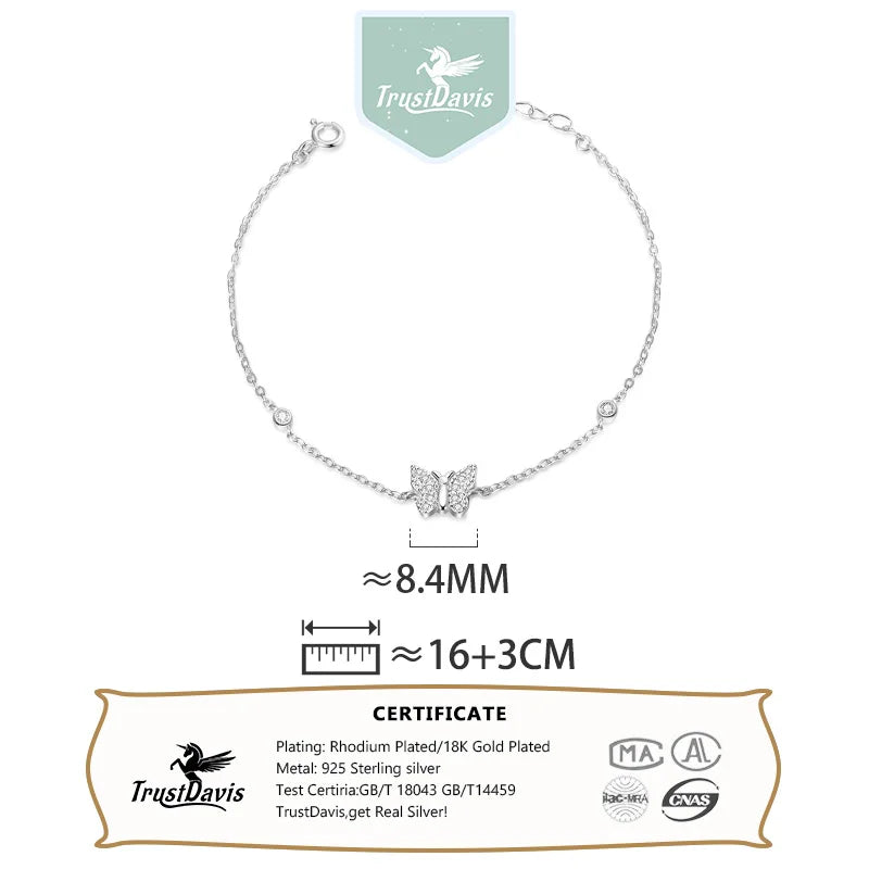 Trustdavis Real 925 Sterling Silver Sweet and Fresh Butterfly Zircon Bracelet Women Girls Birthday Party Gift Jewelry DS4145