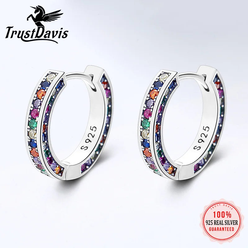 TrustDavis Original 925 Sterling Silver Women Colorful Zircon Hoop Earrings for Girls Wedding Party Fine S925 Jewelry DS3523