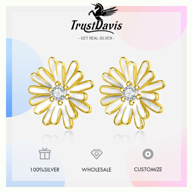 TrustDavis 2024 Real 925 Sterling Silver Sweet Chrysanthemum Flower Stud Earring for Women Wedding Party Jewelry Gift DS4027