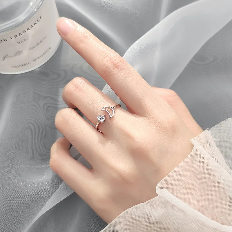 TrustDavis Real 925 Sterling Silver Ring Fashion Sweet Moon Shiny CZ Opening Rings For Women Teen Girls Lady's Jewelry DS1049