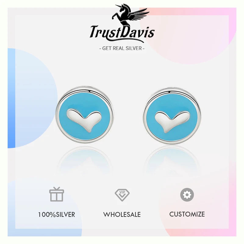 TrustDavis 925 Sterling Silver Women's Earrings Fashion Simple Round Blue Heart Earrings for Women Girls Jewelry Gift DS4359