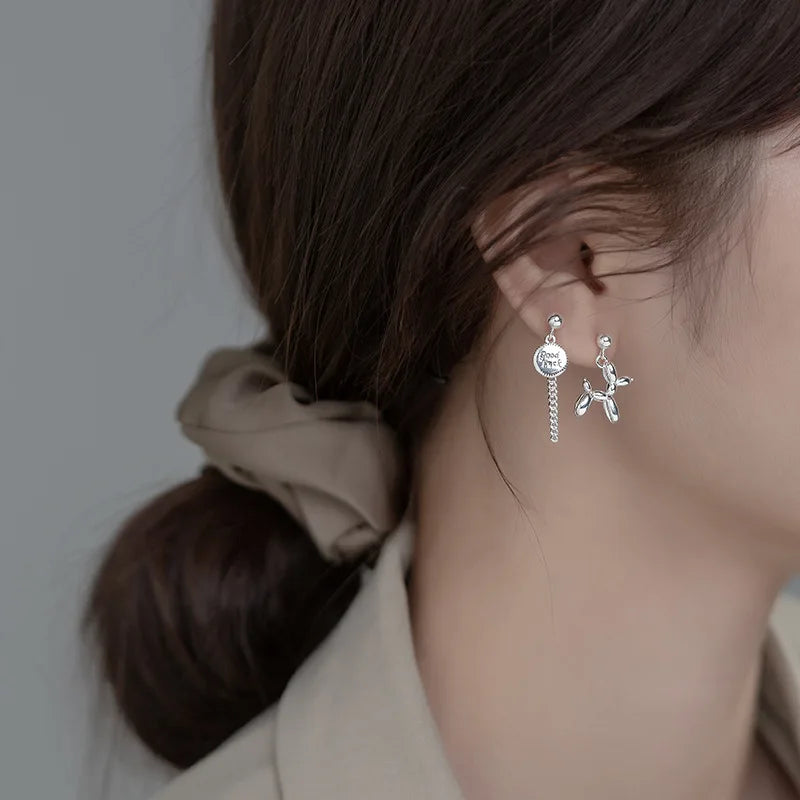 TrustDavis Real 925 Sterling Silver Earrings Asymmetric Balloon Dog Chian Stud Earrings For Women Wedding Party Jewelry DA2662