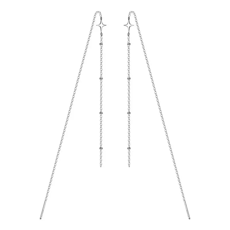 925 Sterling Silver Sweet Long Beads Star Chain 25cm Ear Line Earring DA1500