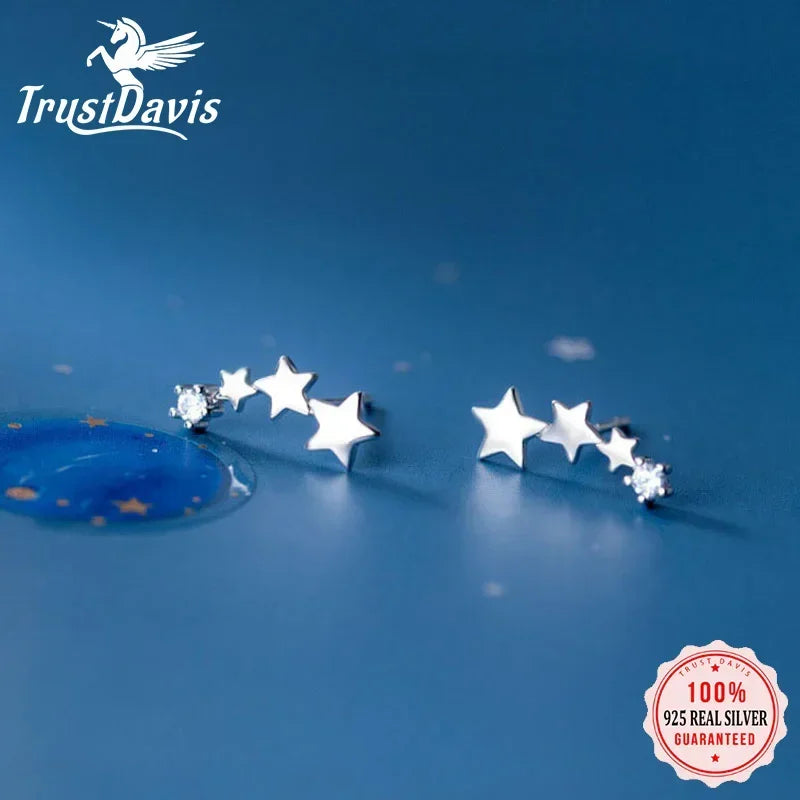 TrustDavis Real 925 Sterling Silver Fashion Sweet Star Dazzling CZ Stud Earrings For Women Wedding Minimalist Jewelry DB944