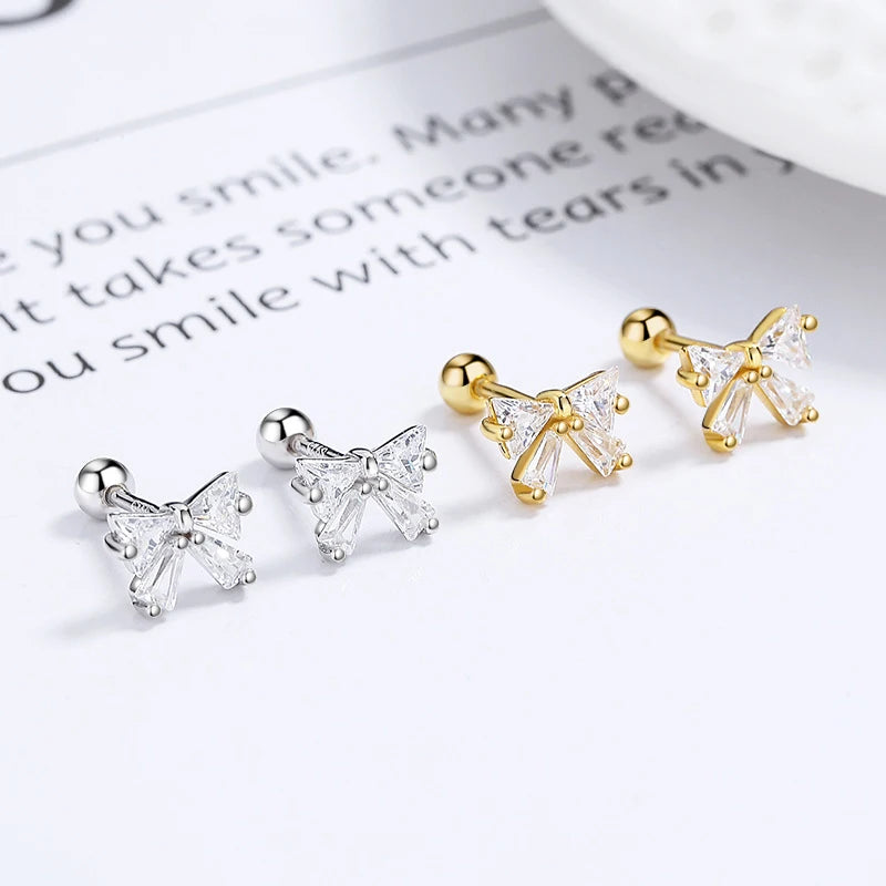 Real 925 Sterling Silver Earring Bowknot Shiny Zircon Screw Earrings DS3476