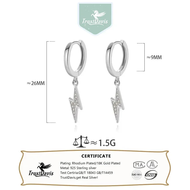 Trustdavis Minimalist 925 Sterling Silver Sweet Lightning CZ Charm Drop Earring For Women Wedding Party Jewelry Gift DA491-L