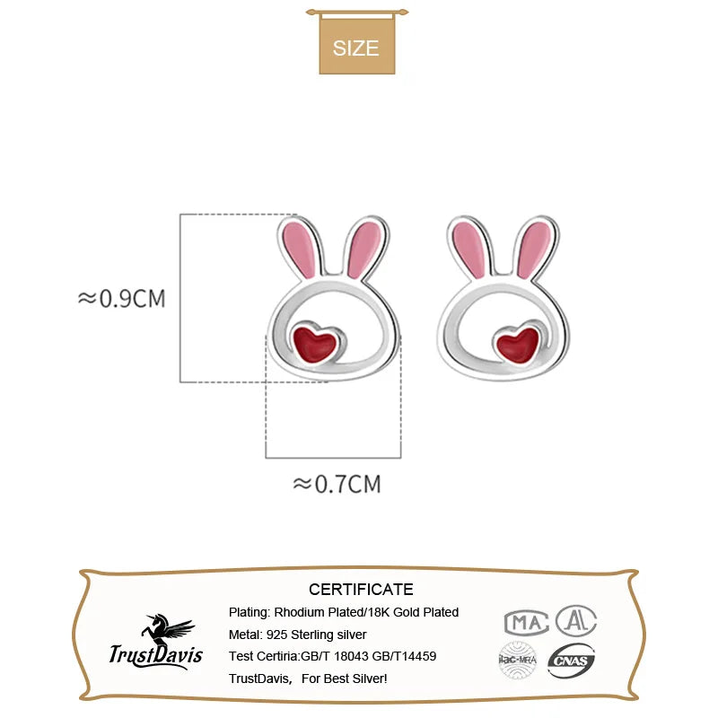 TrustDavis Real 925 Sterling Silver Kids Earring New Cute Heart Rabbit Stud Earrings For Daughter Girls Fine Jewelry Gift DG0193