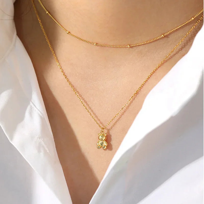 TrustDavis Minimalist S925 Sterling Silver Pendant Necklace For Women Cute Cartoon Bear Neck Chain 925 Necklace Jewelry H00261