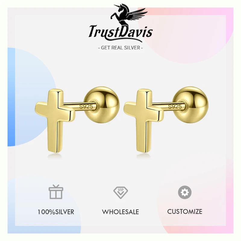 Real 925 Sterling Silver Mini Cross Bead Screw Stud Earrings DA00297