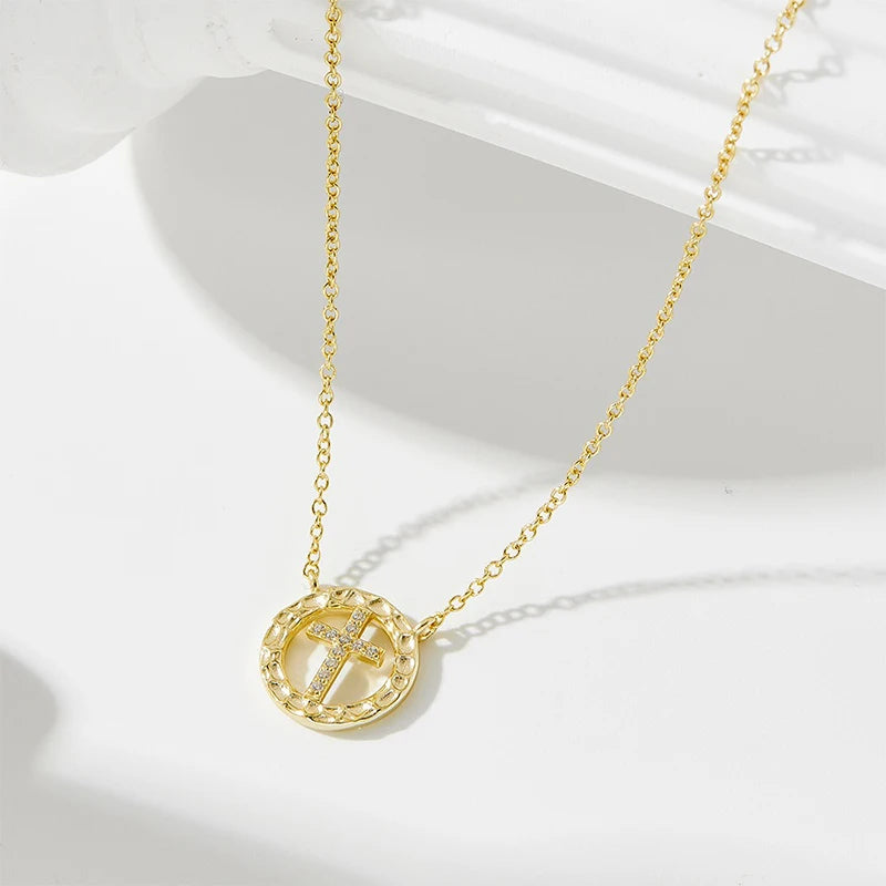 Round Hollow Cross Zircon Necklace DS4766