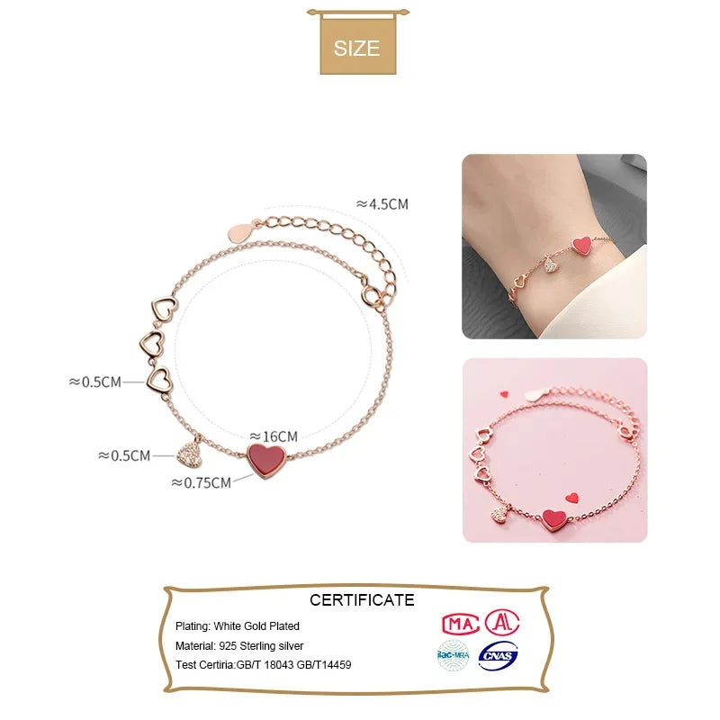 TrustDavis Genuine 925 Sterling Silver Sweet Hollow Love Red Heart CZ Bracelet Bangle For Women Sterling Silver Jewelry DA813