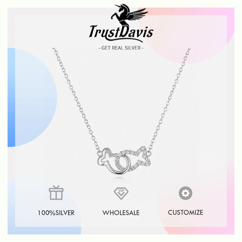 Real 925 Sterling Silver Hollow Double Fish Zircon Necklace DS4959