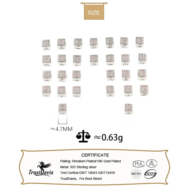 TrustDavis Real 925 Sterling Silver Sweet Square 26 Letter Pendant DIY Accessories For Women Wedding Fine S25 Jewelry DA2070