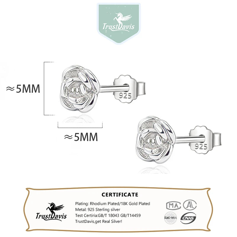 TrustDavis Real 925 Sterling Silver Minimalist Rose Flower Stud Earrings for Women School Party 925 Silver Jewelry Gift DS4647