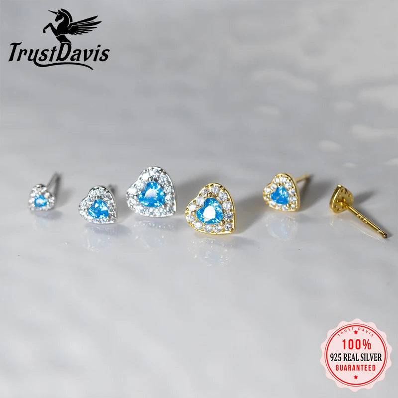 TrustDavis 925 Sterling Silver Fashion Heart Shaped Earrings Blue Diamond Stud Earrings for Women Fine Jewelry Gift DS4167
