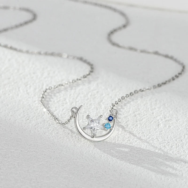 TrustDavis 925 Sterling Silver Women's Fashion Star and Moon Colored Zircon Pendant Necklace for Women Girls Jewelry Gift DS4436