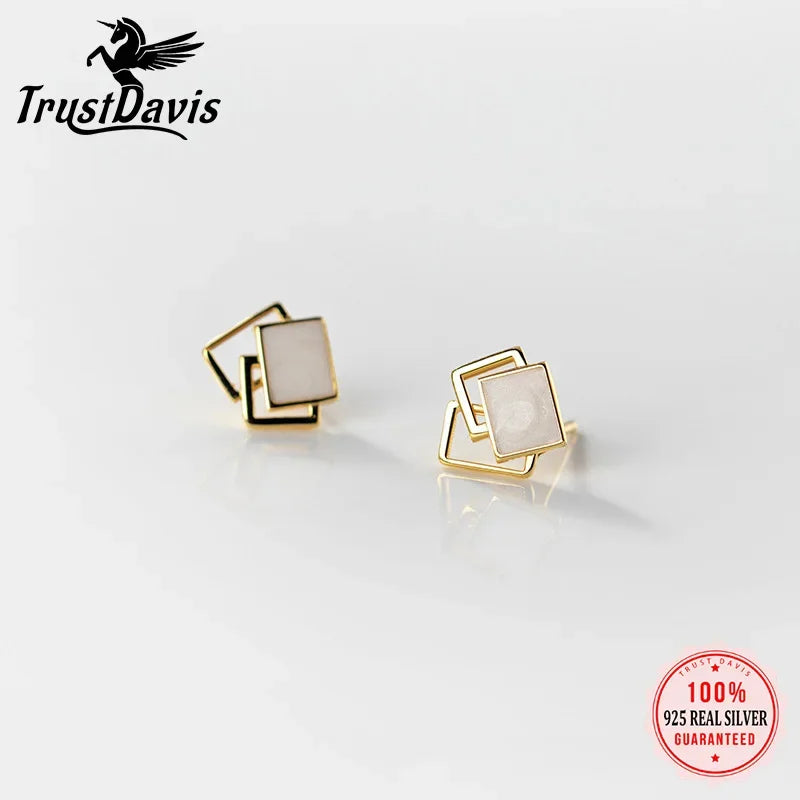 TrustDavis Genuine 925 Sterling Silver Fashion Sweet Geometric Hollow Square Glaze Stud Earring For Women Jewelry Gift DB1222