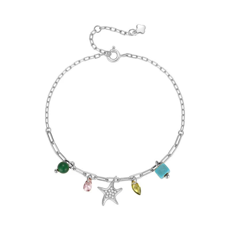 TrustDavis 925 Sterling Silver Women's Fashion Simple Starfish Zircon Turquoise Bracelet for Women Girls Jewelry Gift DS4439