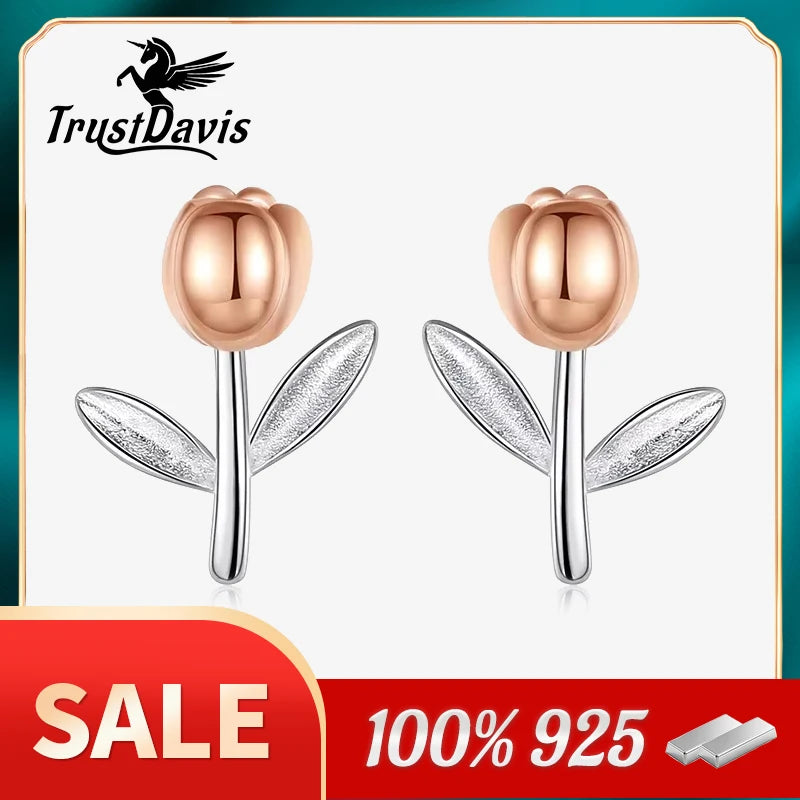 TrustDavis Real 925 Sterling Silver Fashion Flower Screw Stud Earrings For Women Wedding Fine Jewelry DA2500