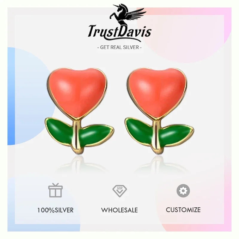 TrustDavis Real 999 Sterling Silver Cute Heart Flower Stud Earrings for Women Young Daughter Birthday Party Gift DS4649