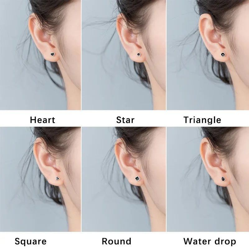 TrustDavis Real 925 Sterling Silver Black Star Square Heart Triangle Round Stud Earrings For Daughter Girls Birthday Gift DT14