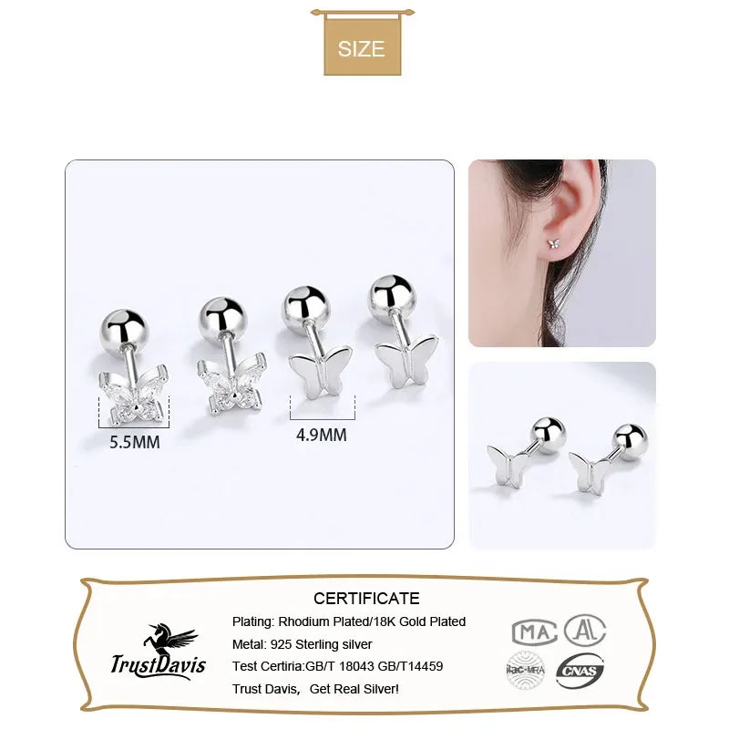 TrustDavis Real 925 Sterling Silver Fashion Insect Butterfly Shiny CZ Screw Stud Earrings For Women Wedding Fine Jewelry DB1424