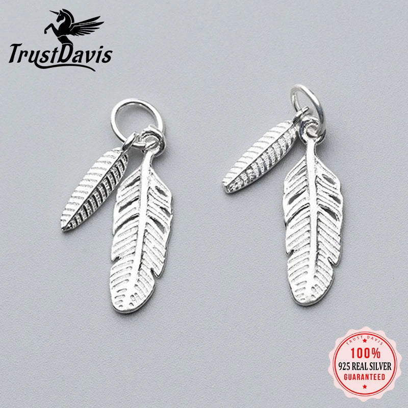 TrustDavis New Real 925 Sterling Silver Personality Double Feathers Charm Pendant Handmade DIY Accessories Wholesale DZ1716