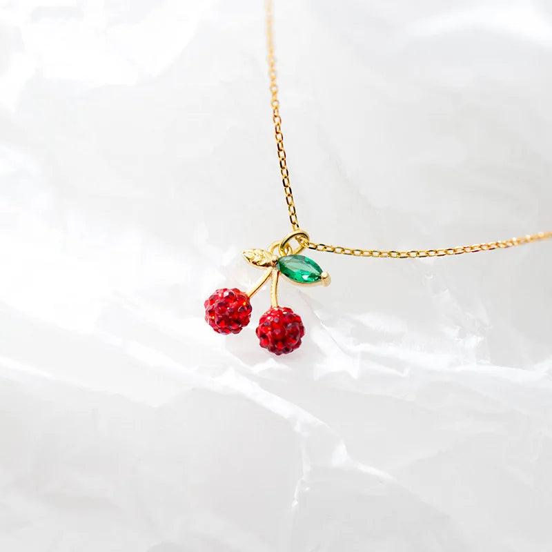 TrustDavis Real 925 Sterling Silver Fashion Sweet Fruit Cherry Pendant Short Necklace For Women Wedding Party Fine Jewelry DB975