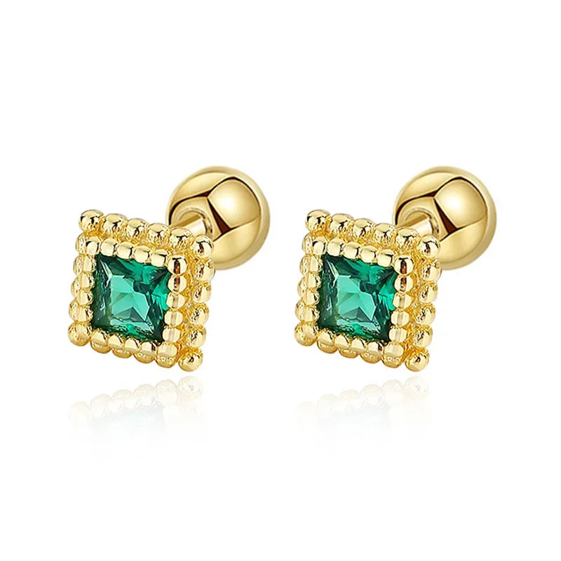 18K Gold Square Green CZ Beads Screw Earring DG0095