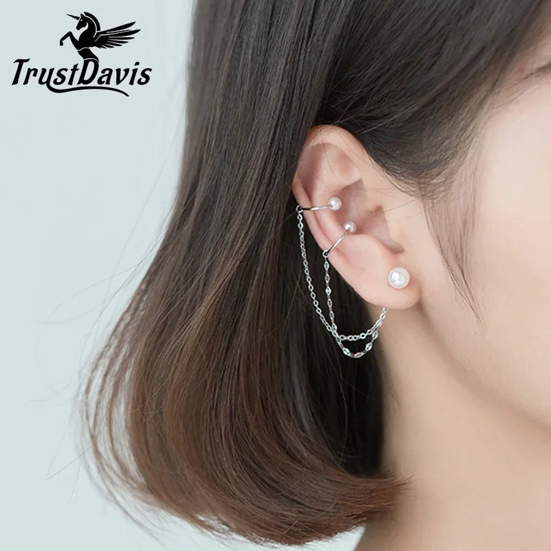 Double Layer Chain pearl Ear Line Cuff Clip on Earrings DA1215