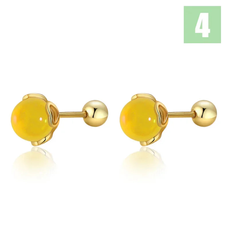 TrustDavis Real 925 Sterling Silver Agate Round Bead Screw Stud Earrings for Women Girls Minimalist Fine Jewelry DS4103