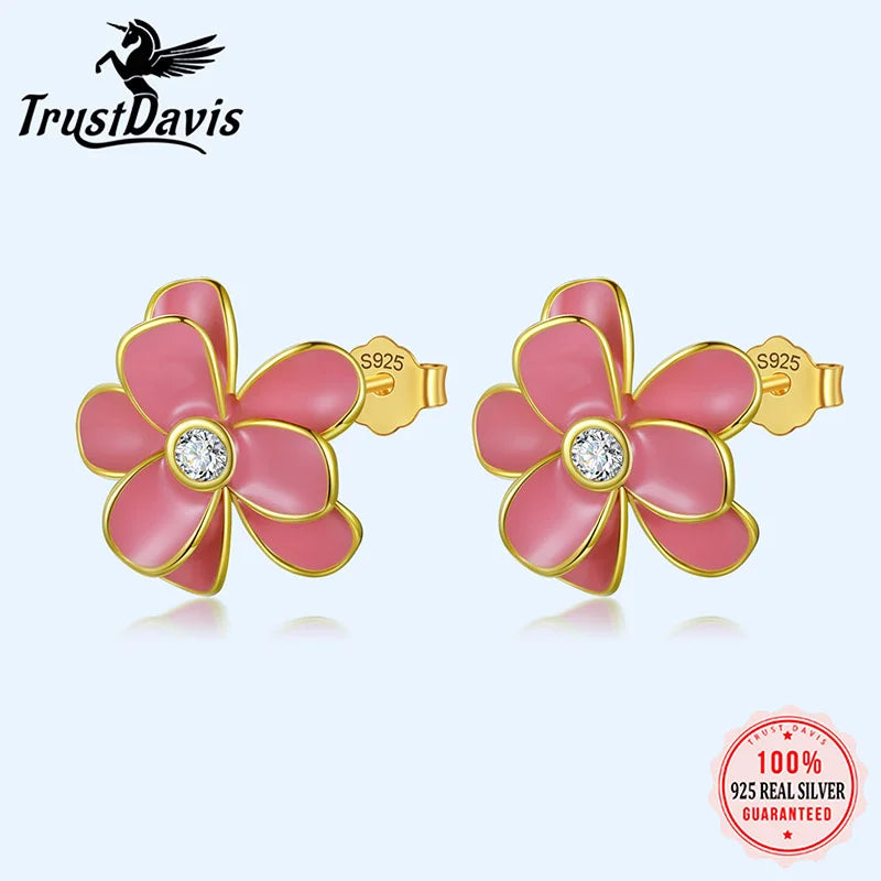 Trustdavis Real 925 Sterling Silver Earrings Sweet Colour Flower CZ Stud Earrings For Women Wedding Party Fine Jewelry DF221
