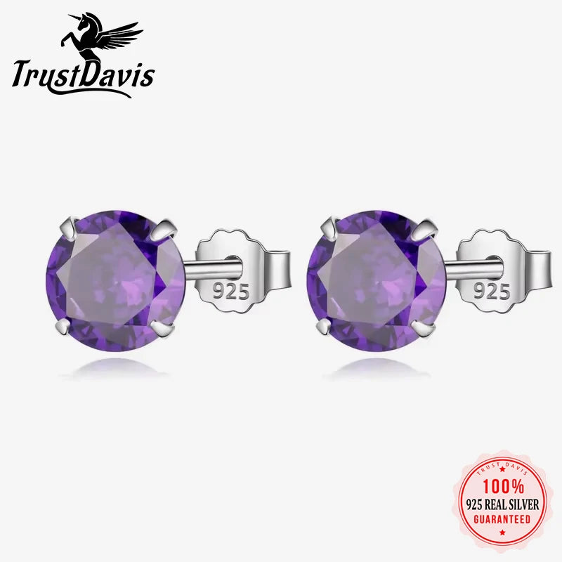 TrustDavis 100% 925 Sterling Silver Purple CZ Stone Stud Earrings Small Cute Gift For Girls Women Fine Jewelry Wholesale DS910