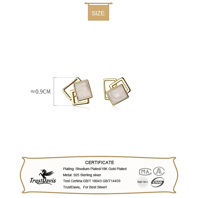 TrustDavis Genuine 925 Sterling Silver Fashion Sweet Geometric Hollow Square Glaze Stud Earring For Women Jewelry Gift DB1222