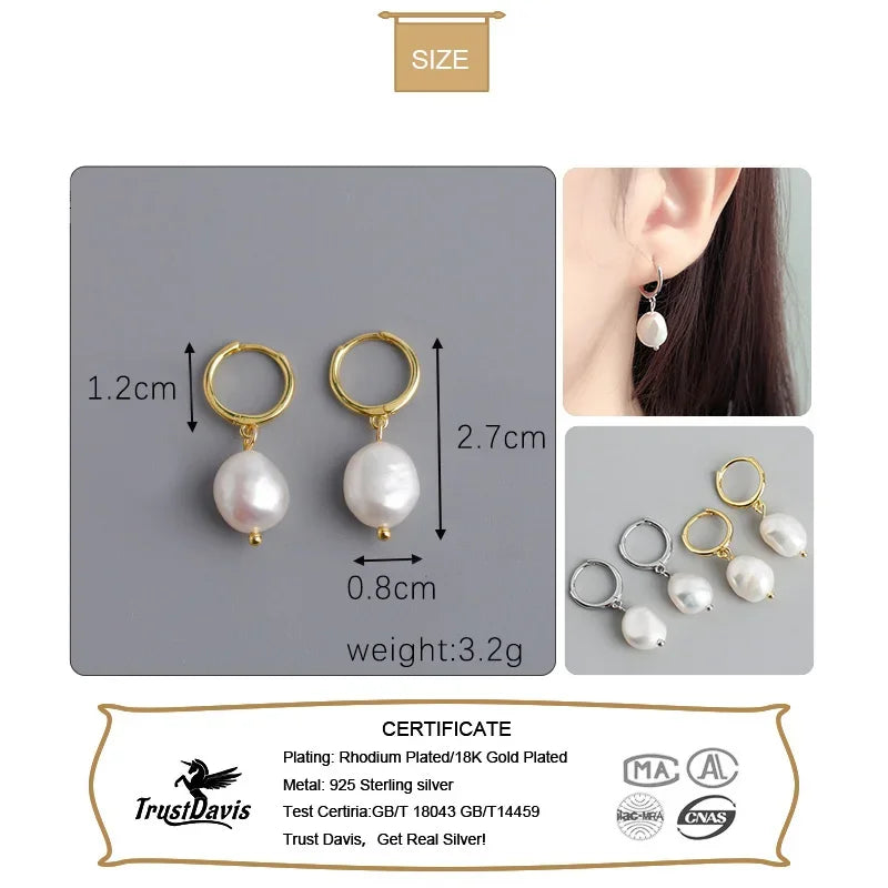 TrustDavis Real 925 Sterling Silver Earring Baroque Irregular Freshwater Pearls Hoop Earring For Women Wedding Jewelry DA2637