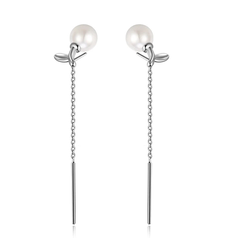 Trustdavis Genuine 925 Sterling Silver Fashion Romantic Leaf Pearl Tassel Ear Line for Women Fashion Silver 925 Jewelry DS4127