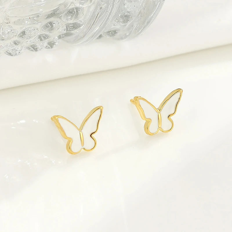 TrustDavis Real 925 Sterling Silver Women's Fashion Simple Epoxy White Butterfly Earrings for Women Girls Jewelry Gifts DS4254
