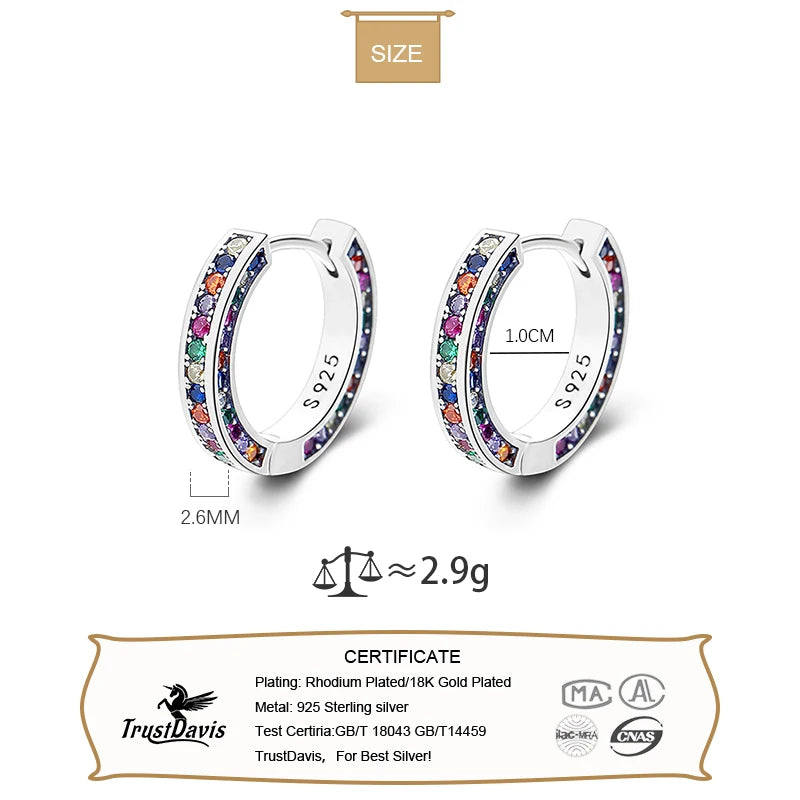 TrustDavis Original 925 Sterling Silver Women Colorful Zircon Hoop Earrings for Girls Wedding Party Fine S925 Jewelry DS3523
