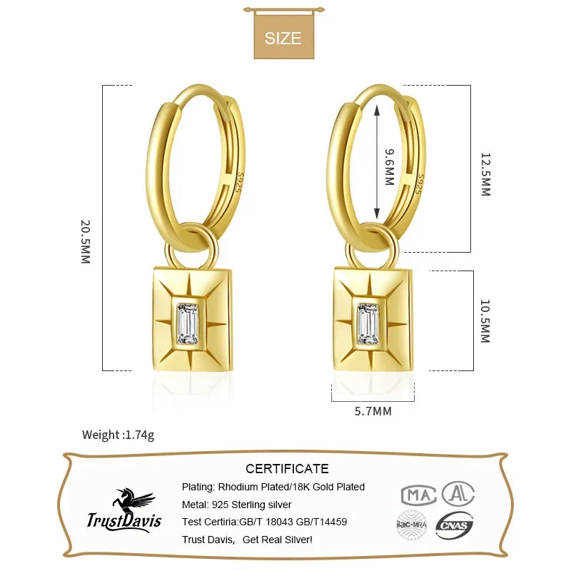 18K Gold Square Shiny CZ Pendant Hoop Earrings DF248