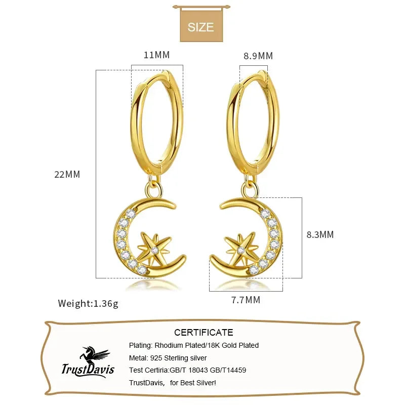 Real 925 Sterling Silve Fashion Asymmetric Star Moon Pendant Hoop Earrings DA2646