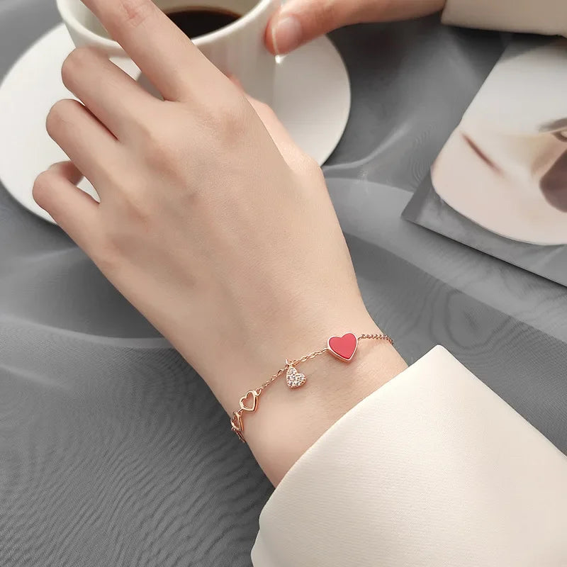TrustDavis Genuine 925 Sterling Silver Sweet Hollow Love Red Heart CZ Bracelet Bangle For Women Sterling Silver Jewelry DA813